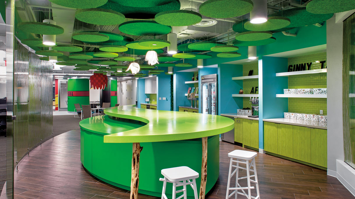 Green Tectum cloud shapes attached to ceiling in various sizes