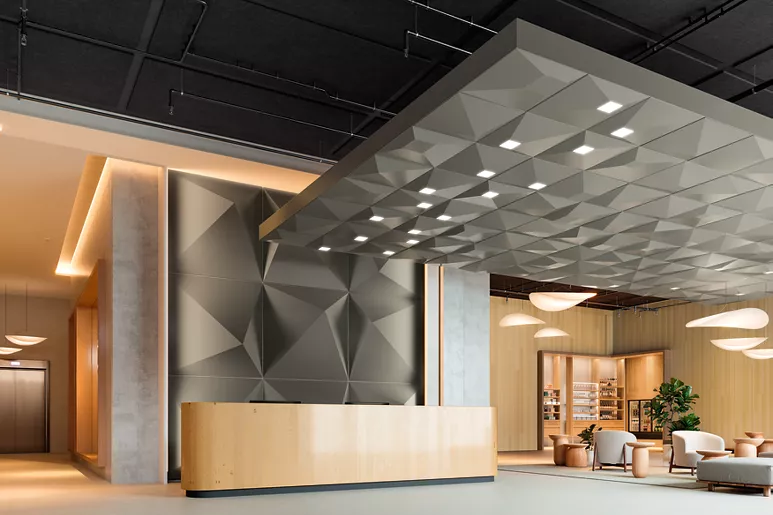 CASTWORKS METAPHORS ceiling render and wall panels for a modern lobby experience