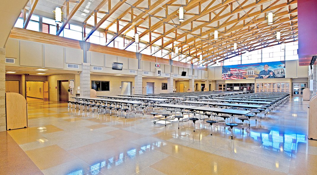 Tectum roof deck in cafeteria with skylight windows
