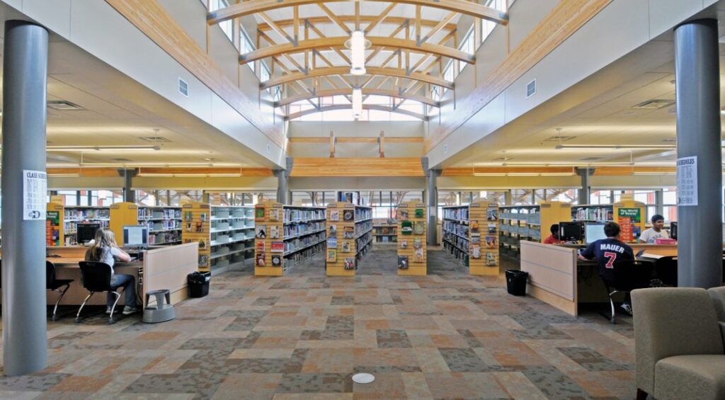 Tectum roof deck in library with skylight windows